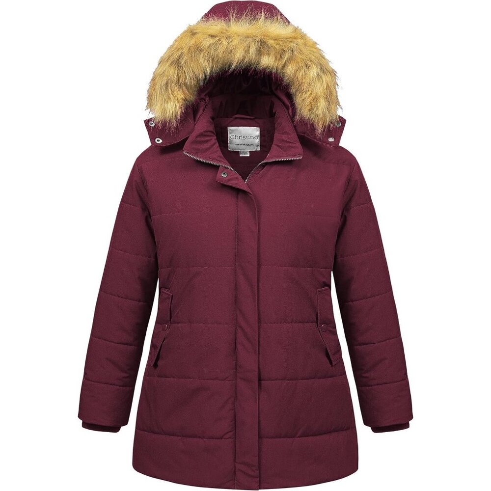Women's Red Long Puffer Hood Jacket Coat Waterproof Winter Warm Removable Fur